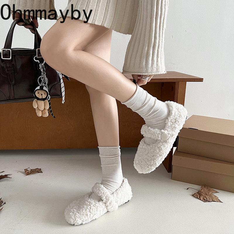 Design Lambwool Women Flats Shoes Fashion Round Toe Slip On Shoes Warm Cartoon House Shoes For Winter