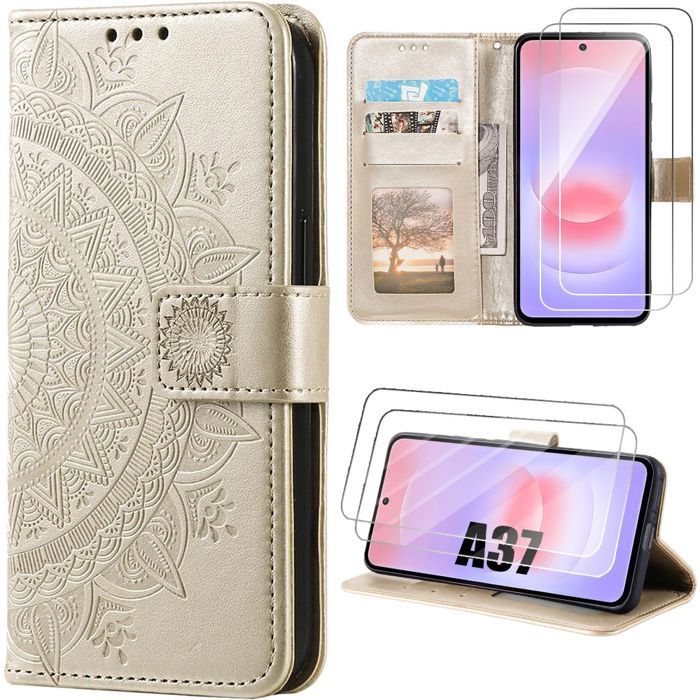 Case + 2 Tempered Glasses for Samsung Galaxy A37 5G, Anti-Scratch Synthetic Leather with Golden Floral Pattern