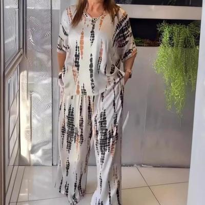 Women's Abstract Print Loose Fit Short Sleeve Top and Wide Leg Pants Set