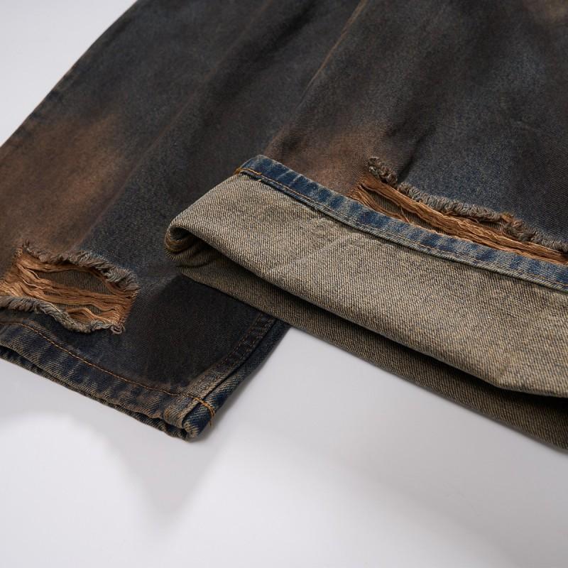 Mens Vintage Washed Distressed Wide Leg Low Rise Jeans With Hand-Painted Details Raw Hem