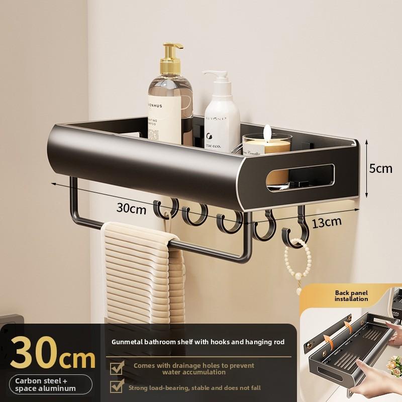 Wall Mount Bathroom Storage Shelf With Hooks Removable Aluminum For Toilet And Sink Area