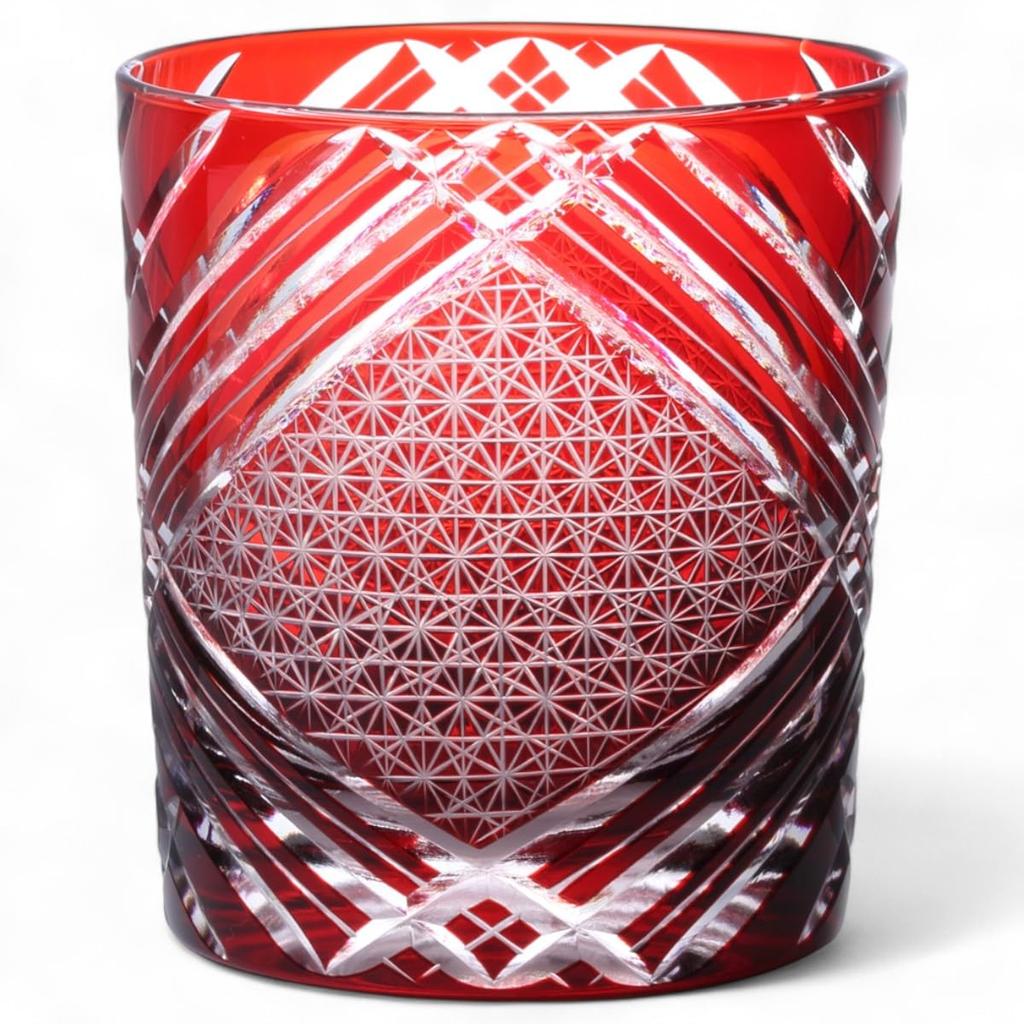 Mizukage Kiriko Glass Window Current Model J-kitchens Cup, 80xH90mm, 280cc, Pattern, Red, Bisho,