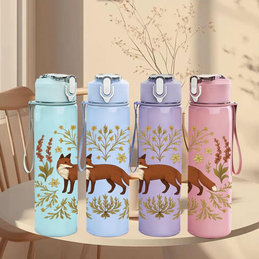 1PC Autumn Bush Fox Illustration 750ml Color Plastic Sports Water Bottle Leakproof Flip Straw Lid Suitable for Sports Office Home Use