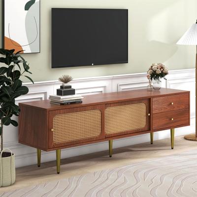 Spacious Countertop TV Cabinet with 2 Drawers Two Rattan Sliding Doors Metal Legs TV Cabinet Living Room Furniture