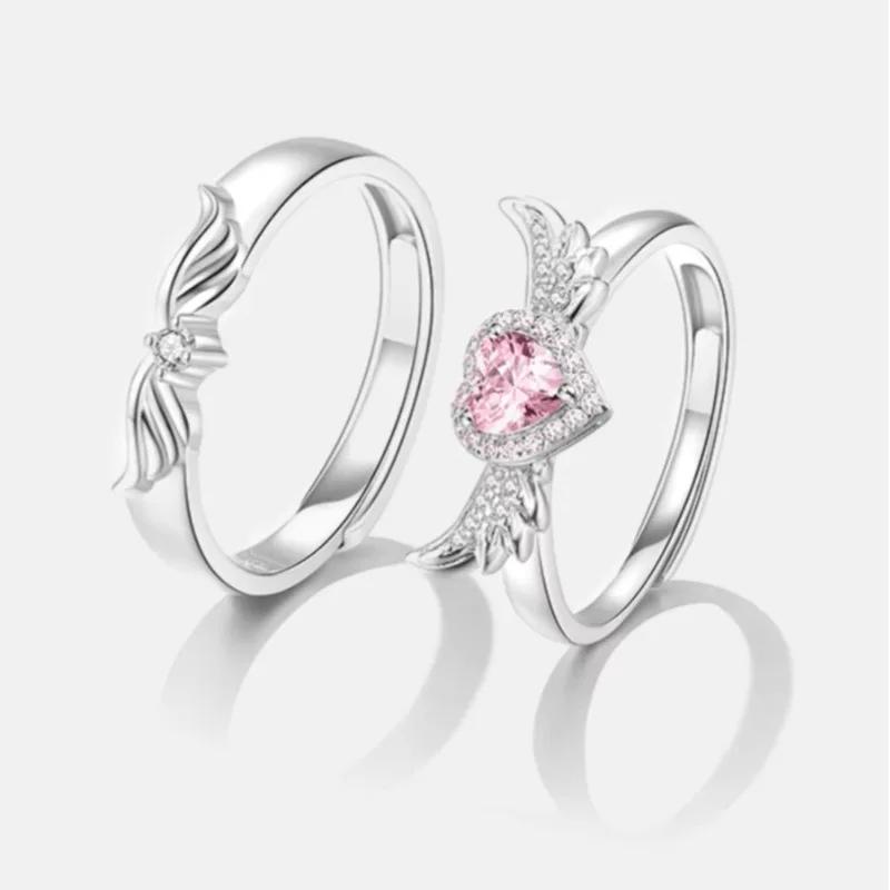 Chic Angel Wing Ring for Couple Pink Heart Cubic Zirconia Eternity Rings Romantic Forever Love Finger Jewelry Valentine Day Gift
