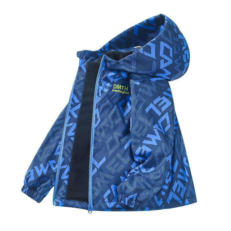 Children's Clothing Spring and Autumn Boys Plus Velvet Windproof Jacket Children's Baby Jacket Jacket Hooded Windbreaker