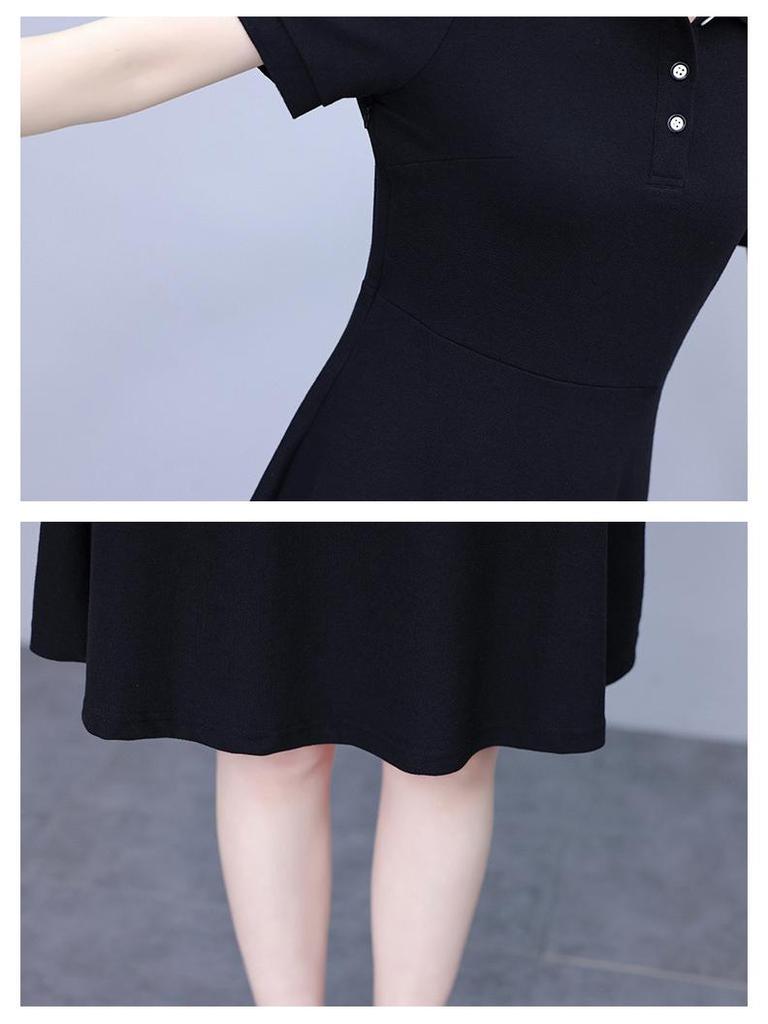 Women's Summer Embroidered Black Polo Collar A-Line Dress - Slimming & Fashionable Casual Sporty Style
