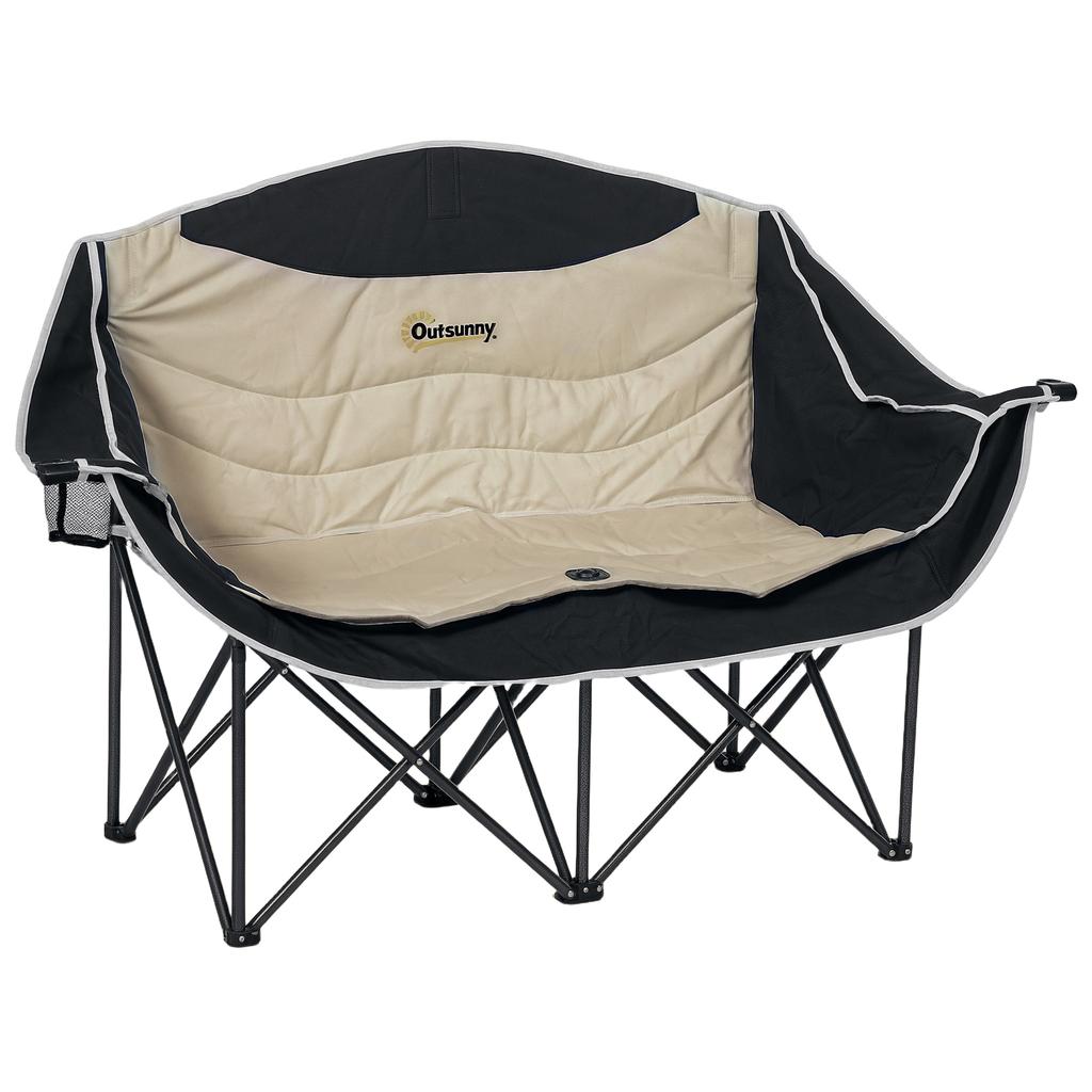 Folding Chair Foldable 2-Seater Camping Chair with Drink Holder Carry Bag Up To 250kg Load Capacity Khaki