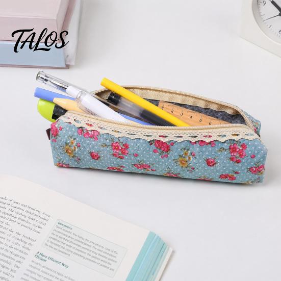 Talos Floral Canvas Pencil Case, Vintage Polka Dot Pen Pouch, Large Capacity Stationery Bag for Students, Office School Supplies