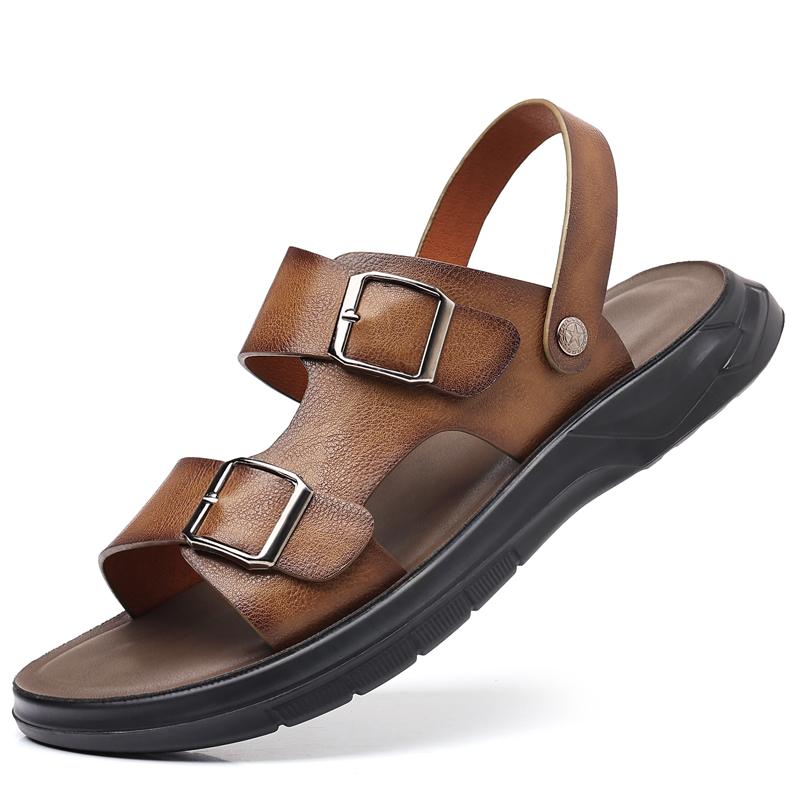Casual Fashion Men Shoes Slip-On Leather Soft Non-slip Beach Summer Double Buckle Sandals Slippers Flats Flip Flop Walking Shoes