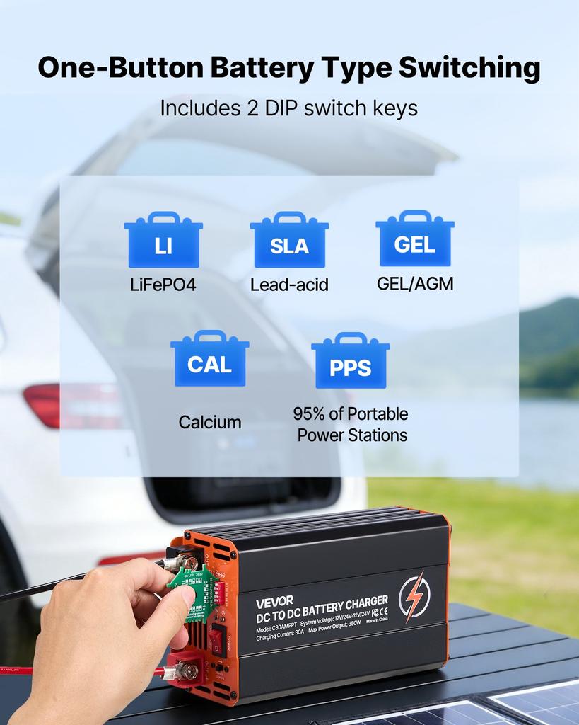 VEVOR Carregador DC para DC com MPPT, 350W, 30A Carregador de Bateria Integrado, Entrada Dupla Painel Solar/Alternador