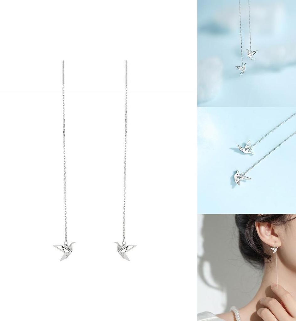 Se756 Yixuan Sparkling Diamond Origami Crane Ear Threader Elegant And Chic Chain Design