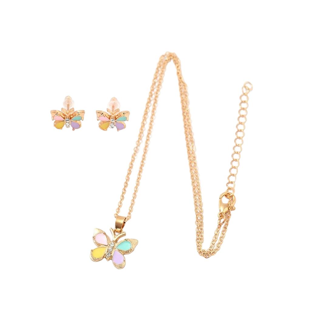 Butterfly Heart Necklace Earrings Set for Kids Vibrant Colors Jewelry Accessory Stylish Handmade Women Accessories