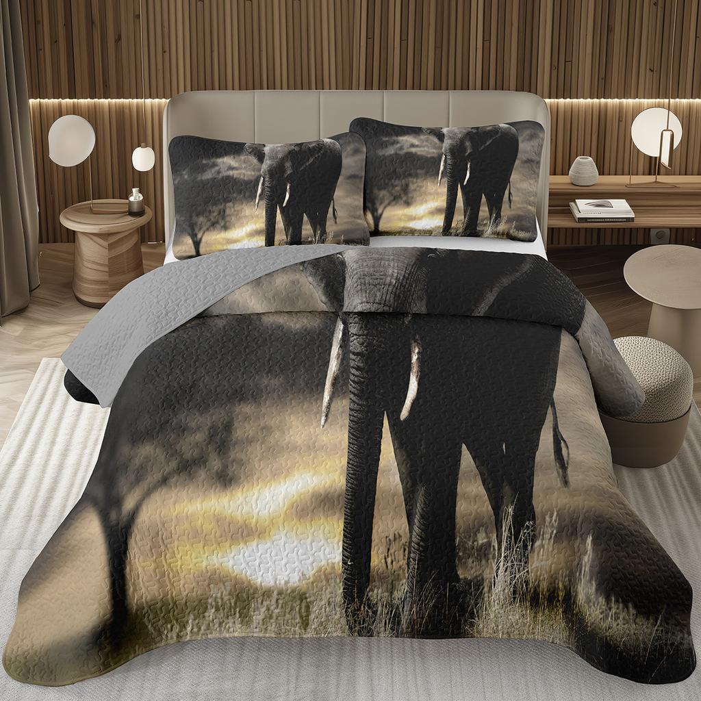 Elephant Quilt Set, African Animal Elephants Quilted Bedspread Western Rustic Farm Style Bedding Set Wild Safari Theme Coverlet