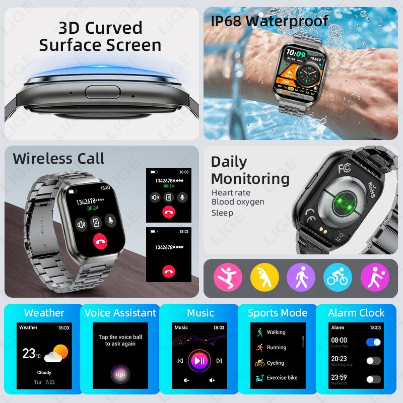 NEW Smartwatch 1000mAh Men Large Capacity Battery 1.83" HD Display Make Answer Call Voice Assistant Outdoor Sports Watches