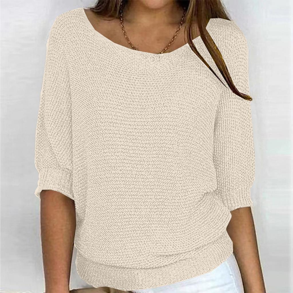 Women's Fashion Solid Color Round Neck 3/4 Sleeve Pullover Knitted Shirt Top