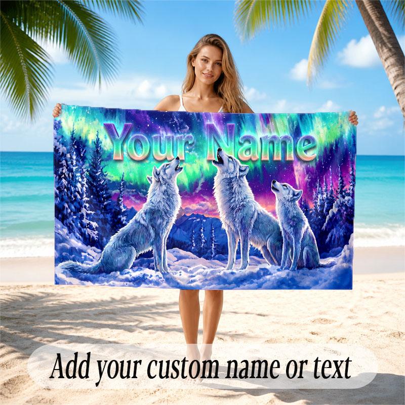 Wolf Theme Beach Towel Personalized Custom Name & Text Soft Quick Dry Beach Towel for Swimming Travel