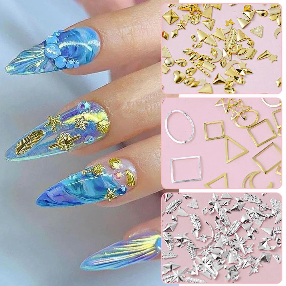 Golden Star Moon Leaf Alloy Nail Art Decoration Hollow Flat Bottom Light Luxury Girl Style Metal Nail Art Jewelry