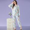 Autumn Cartoon Ice Silk Pajamas Women'S Spring And Summer Simulated Silk Cardigan Trousers Plaid Small Fresh Loungewear