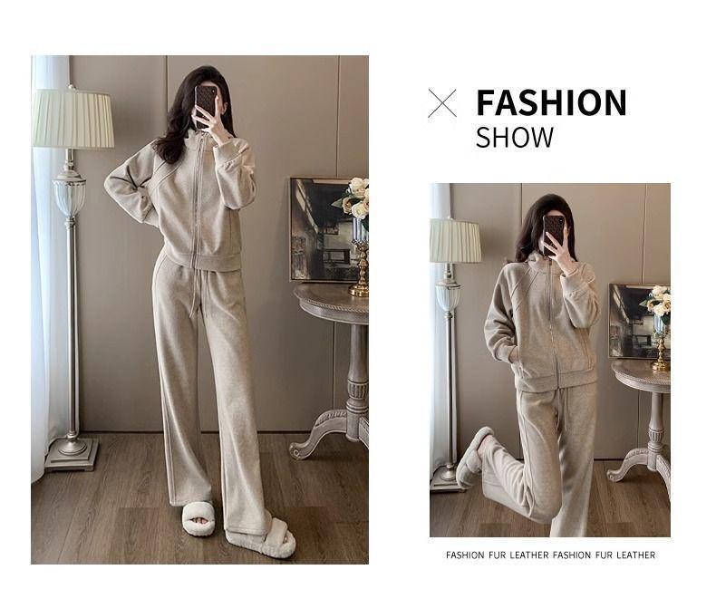 Europäischer Stil Kapuzen-Fleece-Sweatshirt & Weitbein-Hosen Set für Damen - Herbst/Winter Mode Freizeit Sportbekleidung Zweiteiliges Set