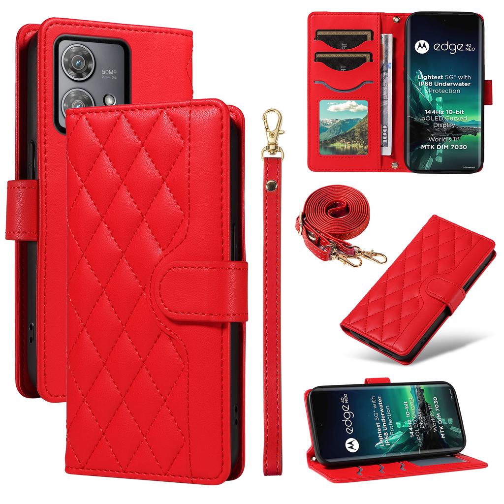 For Motorola Edge 40 Neo 5G Case Wallet Rhombus Leather Phone Cover with Shoulder Strap,Wrist Strap