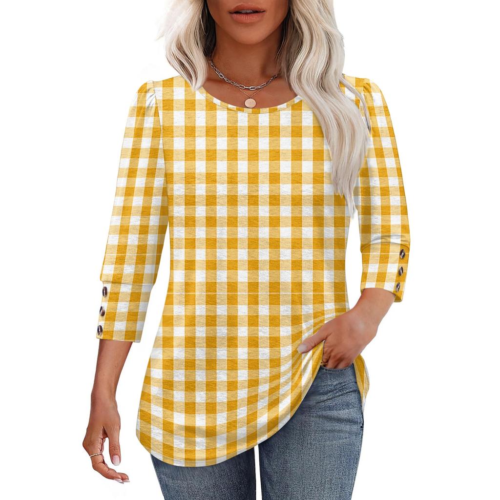 Women Casual Loose Fit Round Neck Three Quarter Sleeve Striped Blouse Button Detail Lightweight Top for Everyday Wear