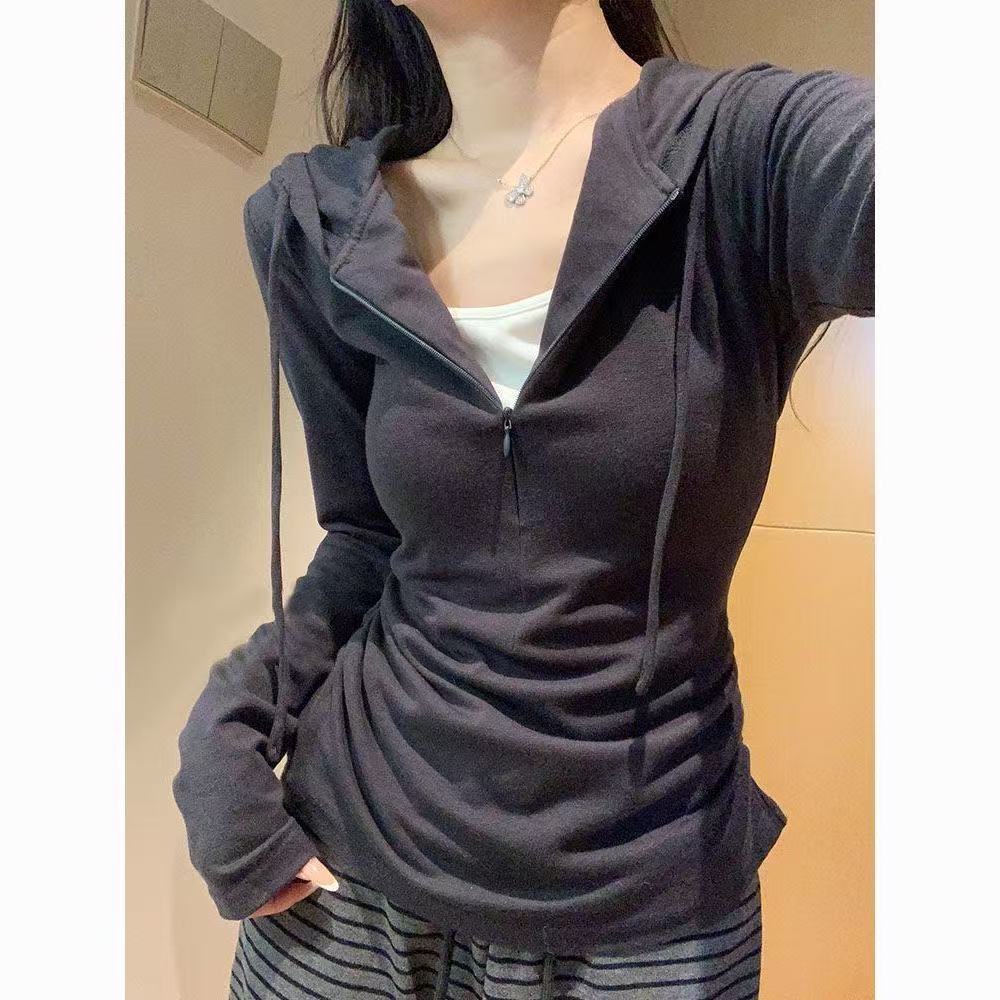 Повседневная футболка с капюшоном и полумолнией, имитация двух предметов, осенняя, приталенная S