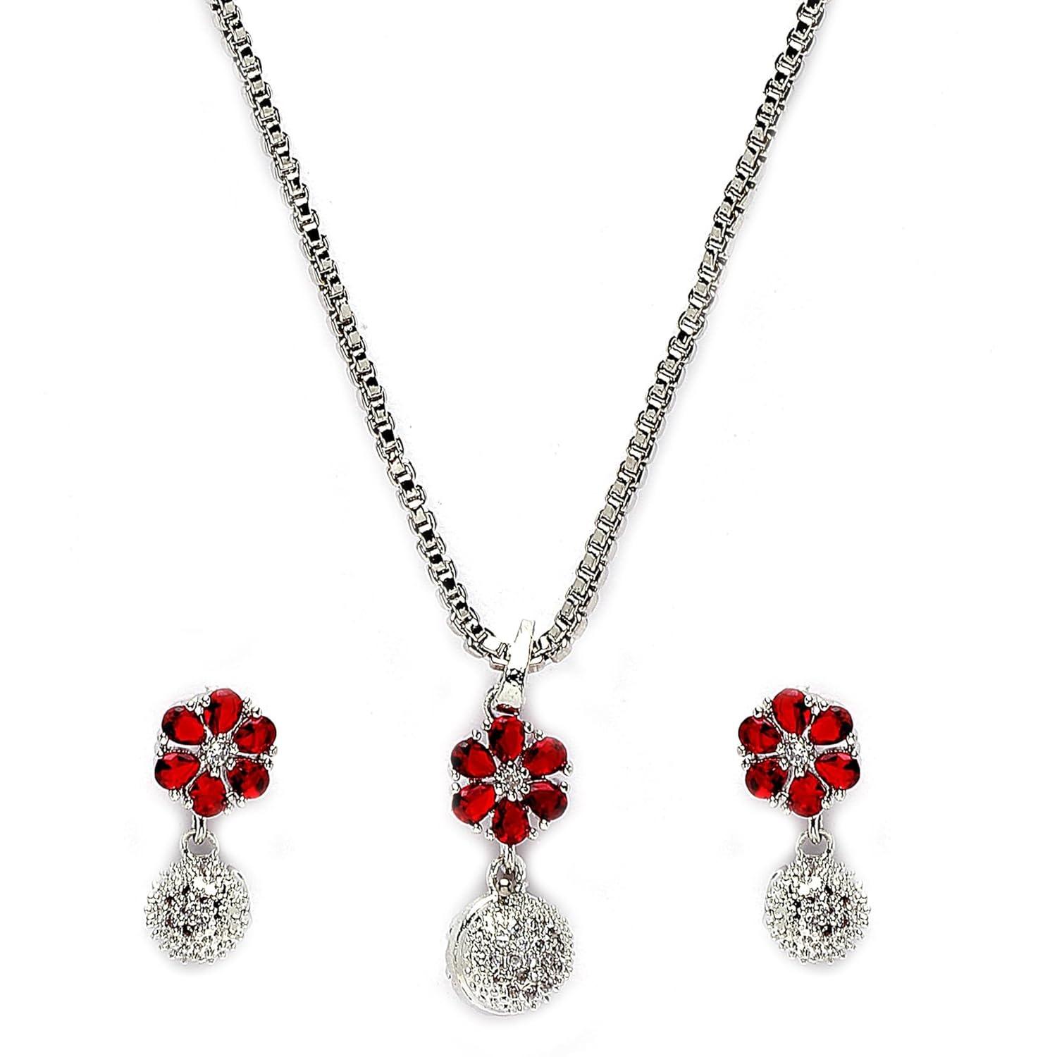 

Rhodium-Plated Silver Toned Green Cubic Zirconia studded Floral Shaped Cute Pendant with Earrings Jewellery Set Women Onesize красный