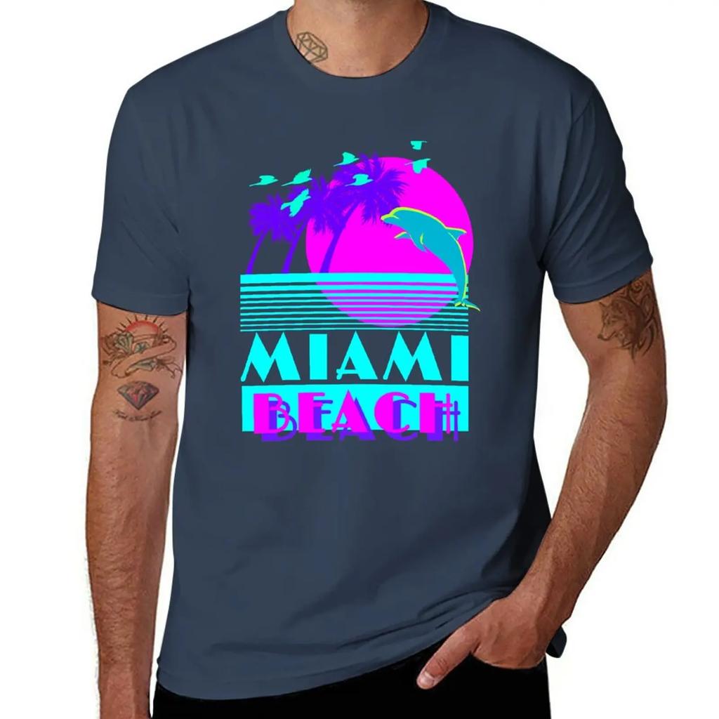 Neues Miami Beach Delfin Retro T-Shirt schwarze T-Shirts personalisierte T-Shirts Kurzarm Designer T-Shirt Herren