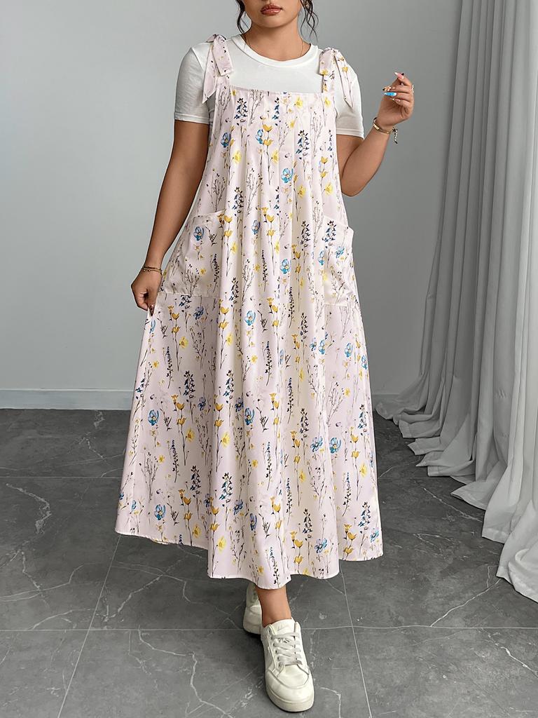 Fashion Women's Casual V-Neck Printed Midi Skirt Elastic Waist Dress