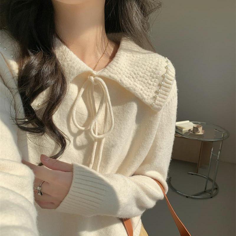 Gentle Style Milk-Toned Soft Pullover with Lapel and Lace-Up Design for Women