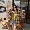 Women's Point Collar Long Sleeve Shirt Loose Fit Vintage Plaid Casual Button Down Blouse