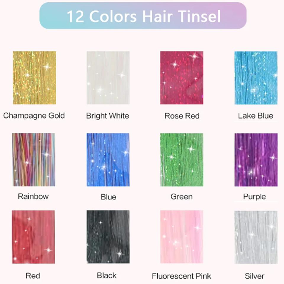 48 Inch Synthetic Hair Tinsel Kit With Tool Tinsel Hair Extensions 12 Colors Fairy Hair Tinsel Sparkling Shiny Hair