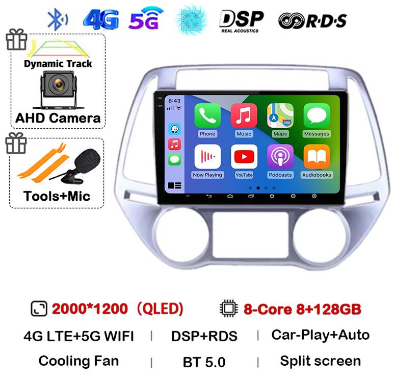 Android 14 Carplay Auto WIFI+4G Car Radio For Hyundai I20 2008 - 2014 Stereo GPS Multimedia Video Player 2 Din DVD 360 Camera BT