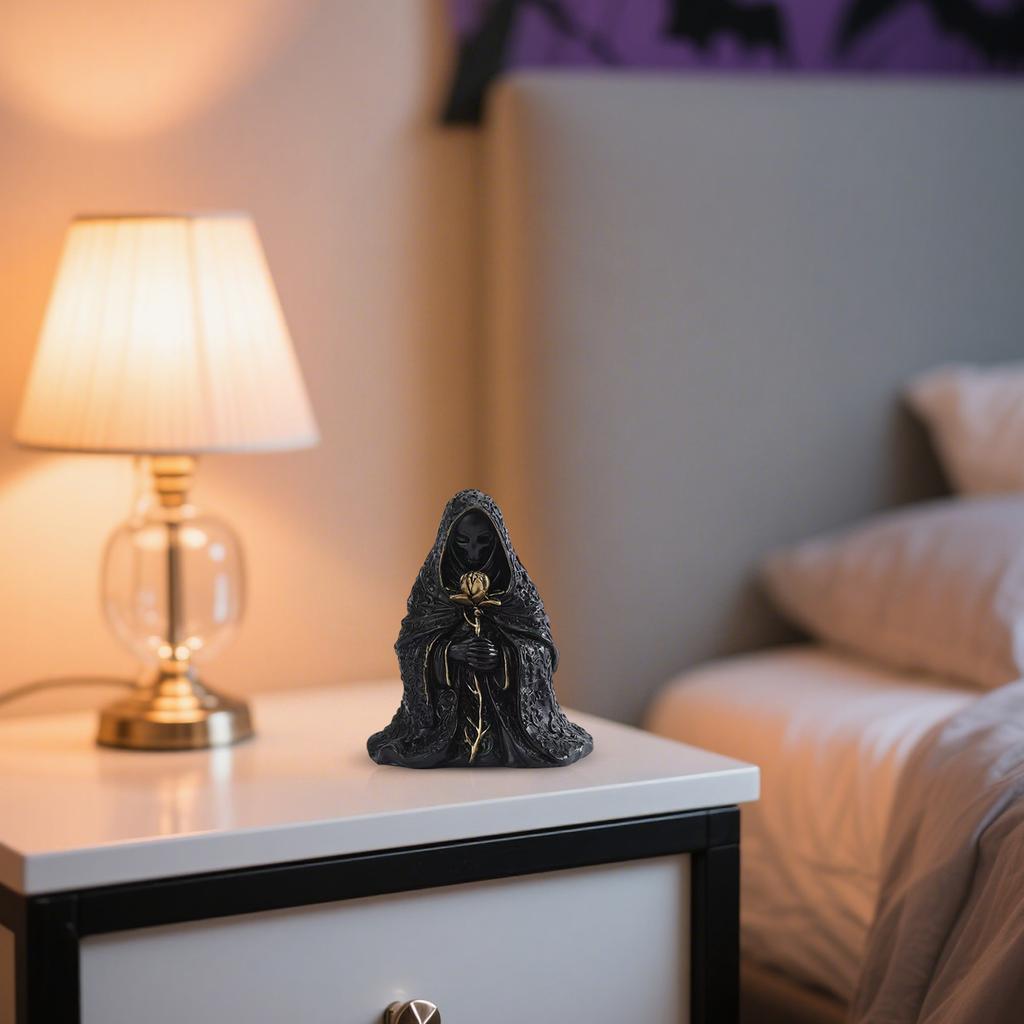 Black Resin Grim Figurine Holding Golden Flower - Gothic Home Decoration