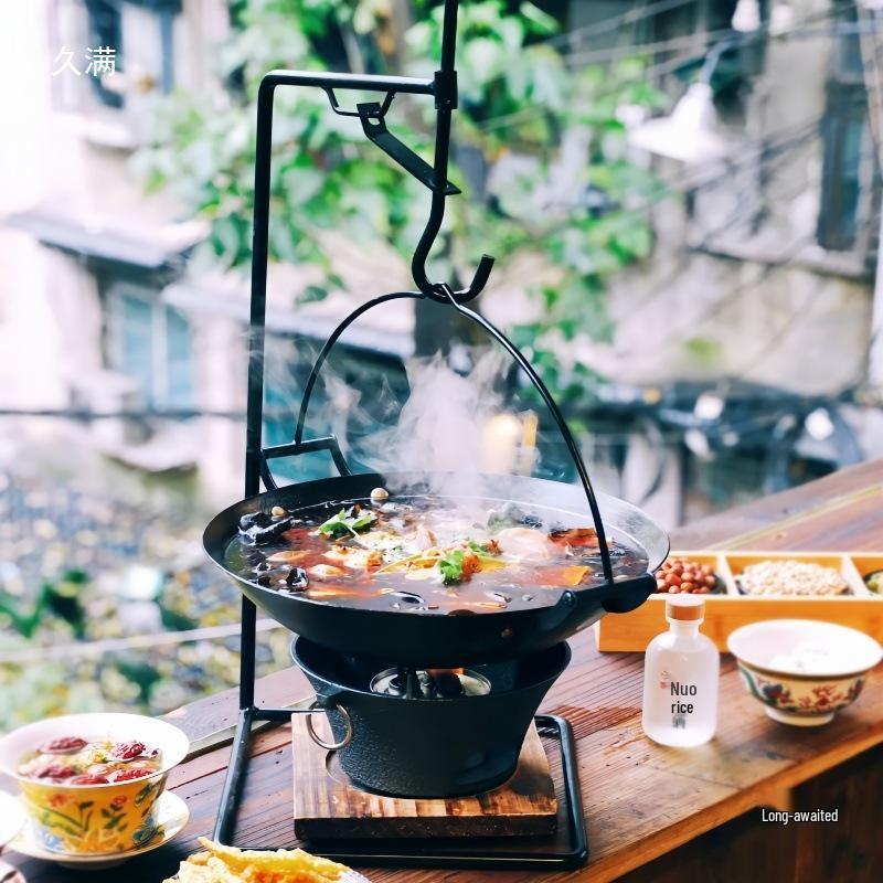 Farmhouse Traditional Cast Iron Hanging Hot Pot Tableware with Stand