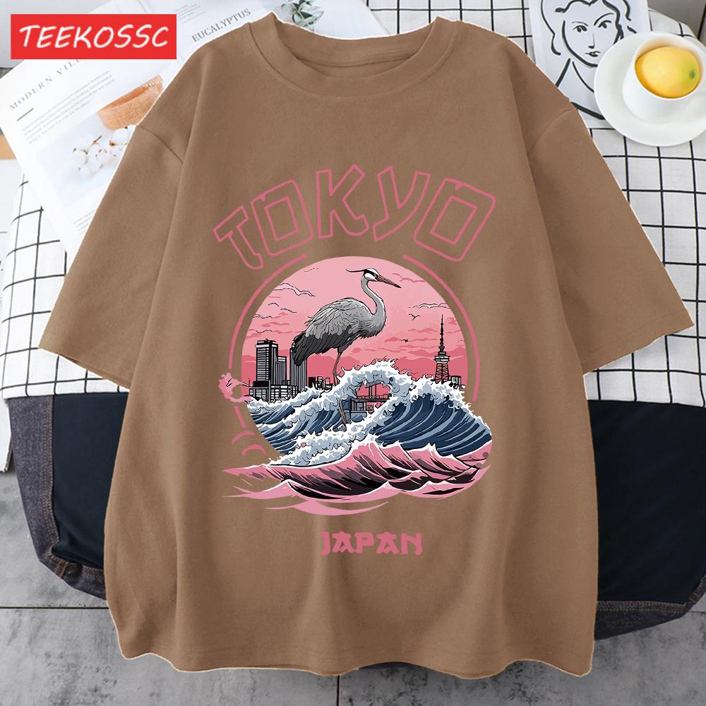 Tokyo Japan Harajuku Crane Waves Men TShirt AllMatch Casual Short Sleeve Cotton Summer Tee Male Hip Hop ONeck Streetwear