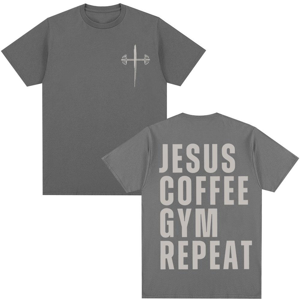 Jesus Coffee Gym Repeat Christian Graphic T Shirts Men Women Fashion Vintage Gothic T-shirt Oversized Cotton Tees
