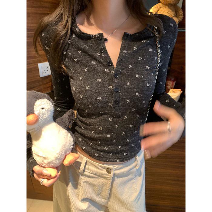 

Women s Slim Fit Floral Print Button-Down Long Sleeve Top – Carbon Gray Retro Fabric for Autumn/Winter Extra Large темно-серого