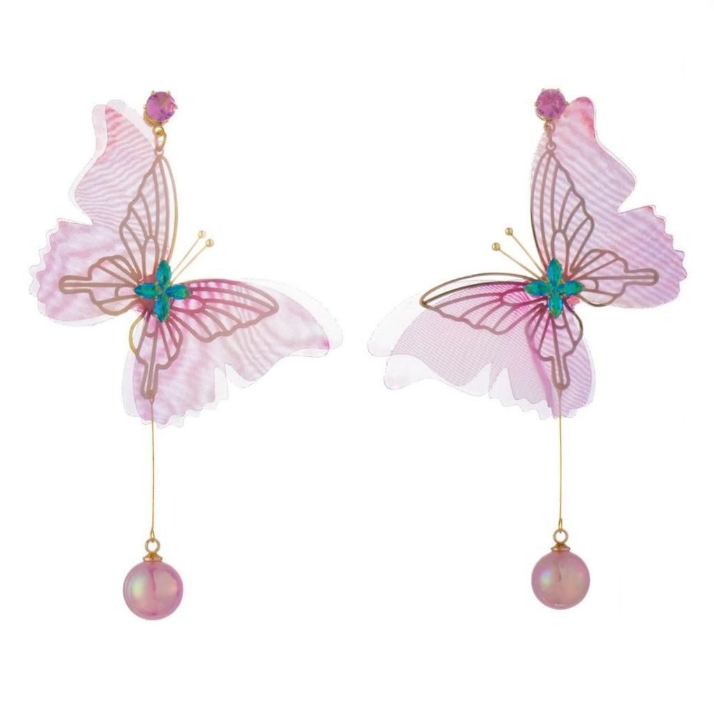 Purple-Pink Butterfly Diamond Pearl Pendant Earrings Mori Pastoral Small Fresh Earrings Super Fairy Tassel Earrings