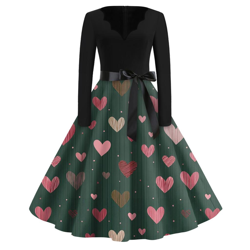 Print Flare Dress For Women Long Sleeve Dress Hollow Party Casual Dresses