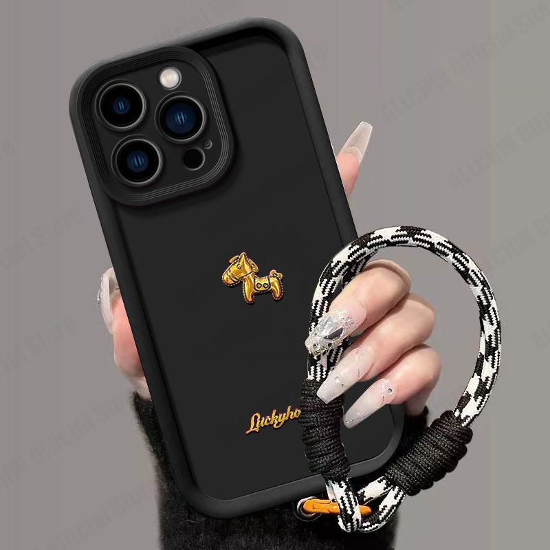 For OPPO A5 Pro 4G 5G Case Cute 3D Gold Horse With Lanyard Phone Case For OPPO A5 Pro 5G Matte Soft Silicone Cover