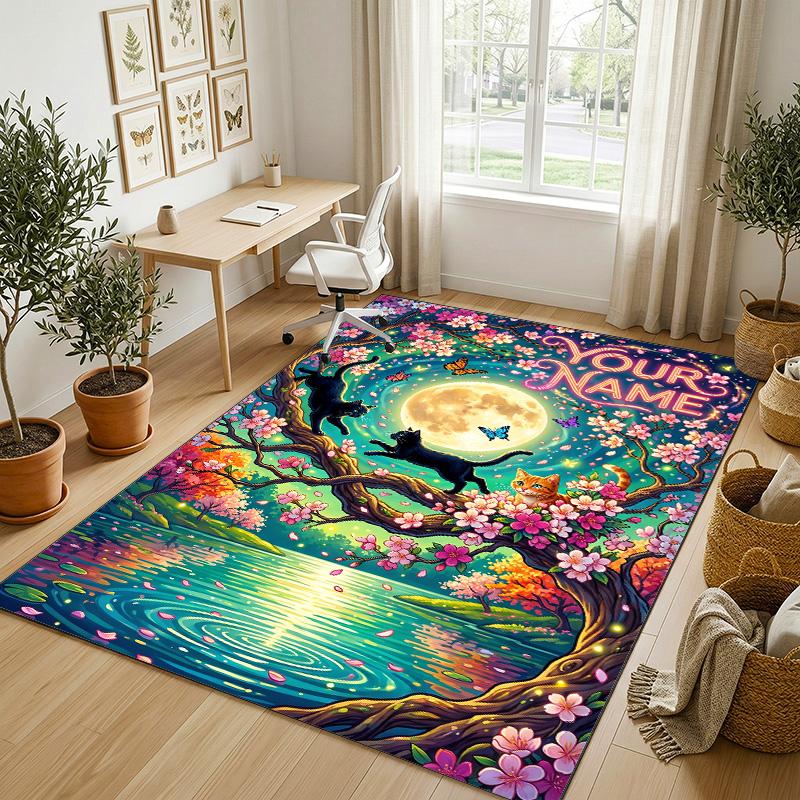 Cat Theme Crystal Velvet Rug Personalized Custom Name Text Soft Floor Mat Home Decor