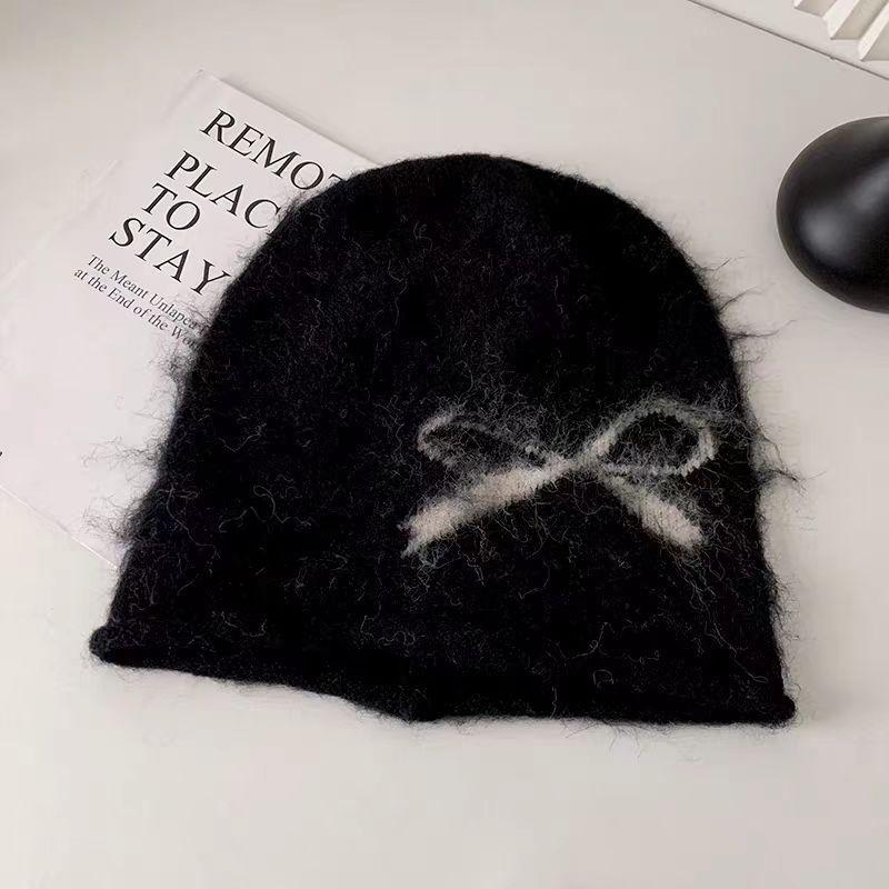 Korean Style Thick Bowknot Women S Knit Beanie Hat Autumn Winter Warm Windproof