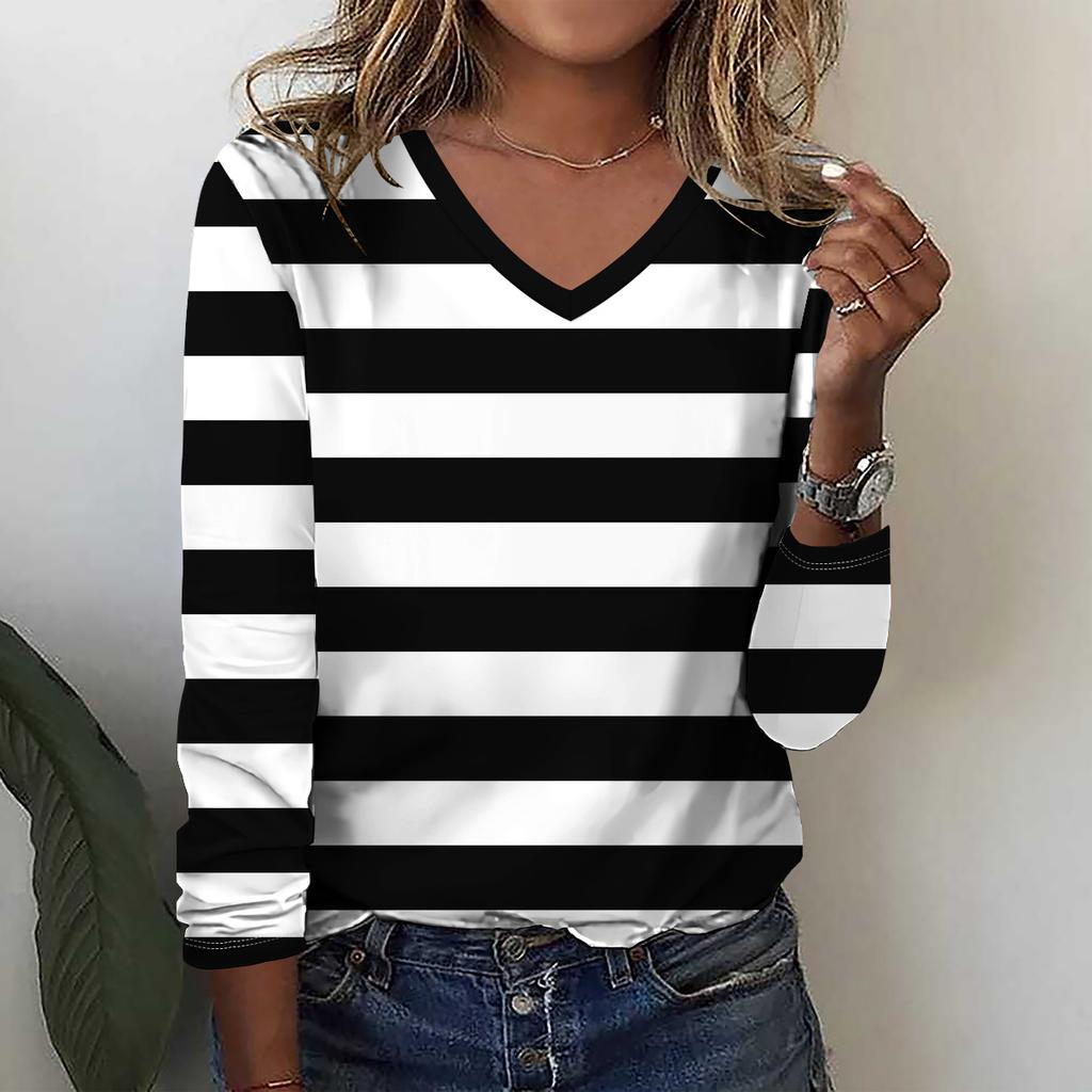 Fashion Flower stripe pattern 3D Print Women V-Neck Long Sleeve T-Shirt Autumn Casual Breathable Women's Clothing Apparel Tops