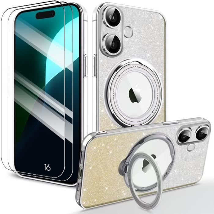Coque de protection pour téléphone - BOOLING - iPhone 16 - Argenté - Paillette - Support rotatif
