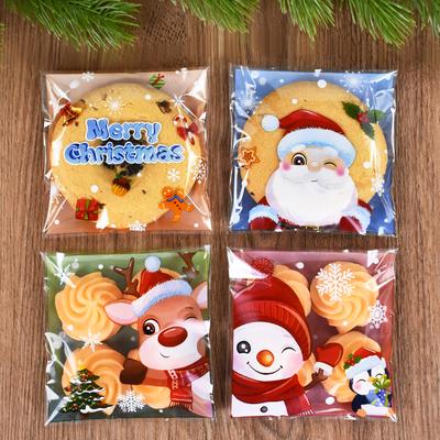 100pcs Christmas Candy Cookie Bag Santa Claus Biscuit Gift Self Adhesive Packaging Bag Noel Xmas Party Decor New Year