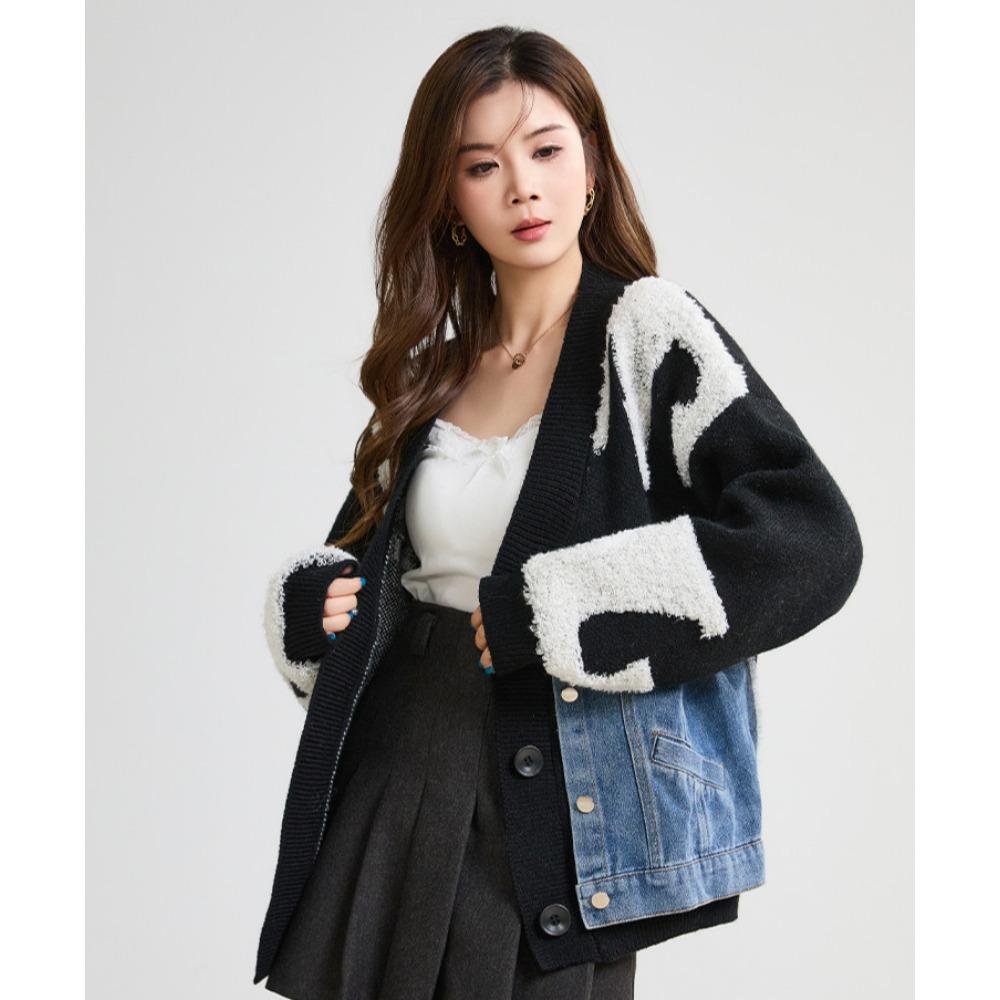Dimanaf 2025 Autumn New Jacket Women Letter Print Sweaters Coat Patchwork Wadded Coat Cardigan Knitting Pockets Fake Two-Piece Sweater