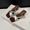 French high-heeled niche slippers women's shoes summer 2025 new outer wear square suede open-toed wedges sandals