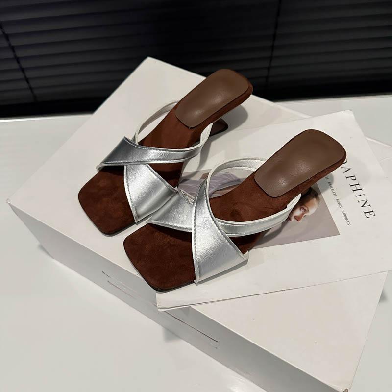 French High-heeled Niche Slippers Women's Shoes Summer 2025 New Outer Wear Square Suede Open-toed Wedges Sandals
